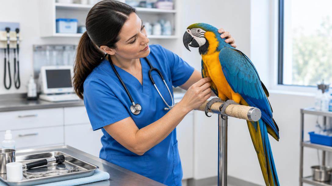 Veterinarian gently examining a macaw in a bright clinic