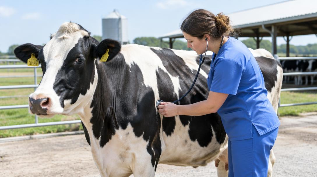 Veterinarian examining a calm dairy cow with a stethoscope