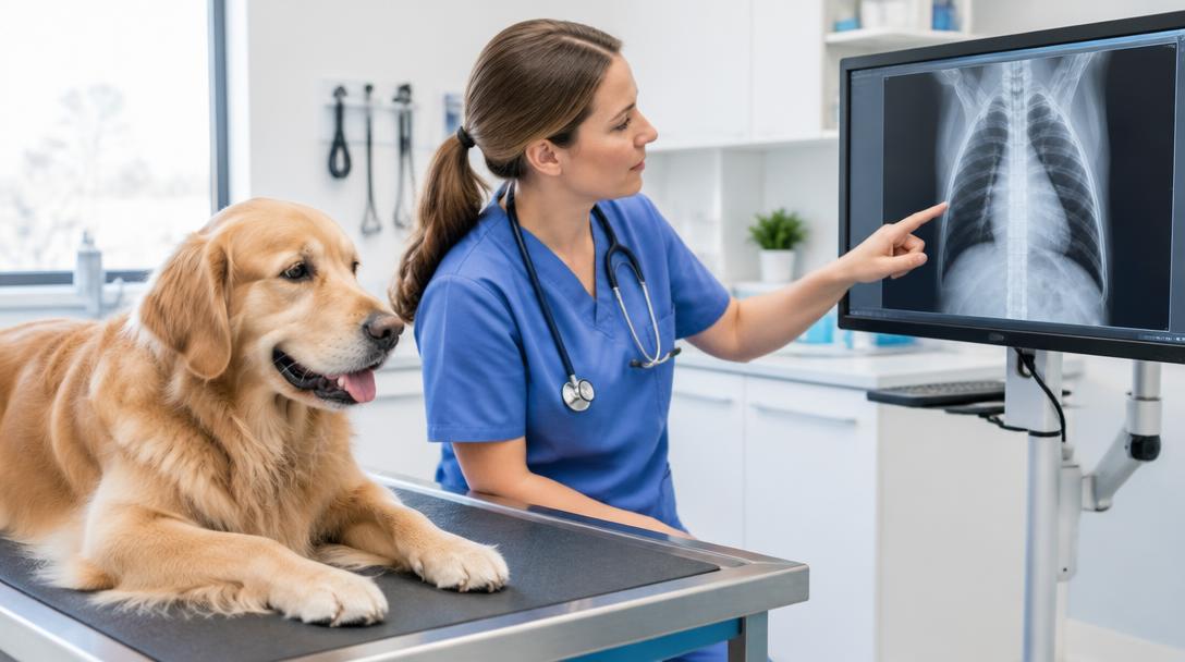 Veterinarian reviewing imaging beside a calm golden retriever
