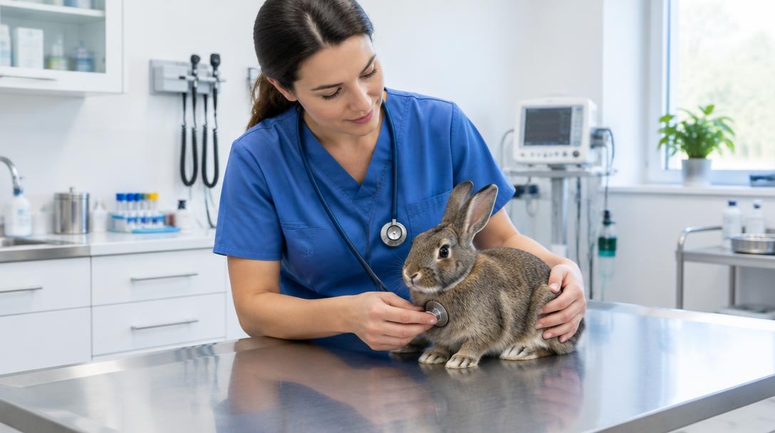 Veterinarian examining a rabbit on a clinical table