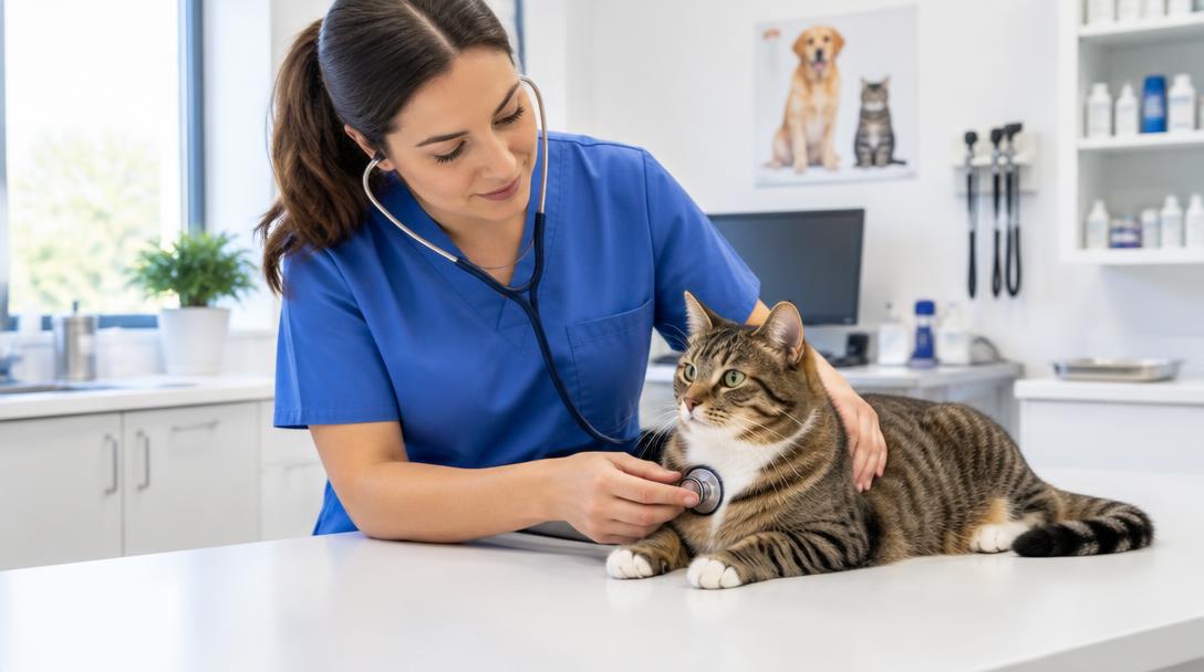 Veterinarian examining a tabby cat with a stethoscope