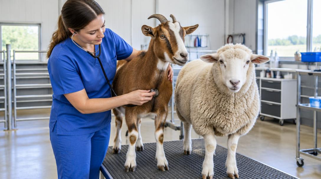 Veterinarian examining a goat alongside a sheep