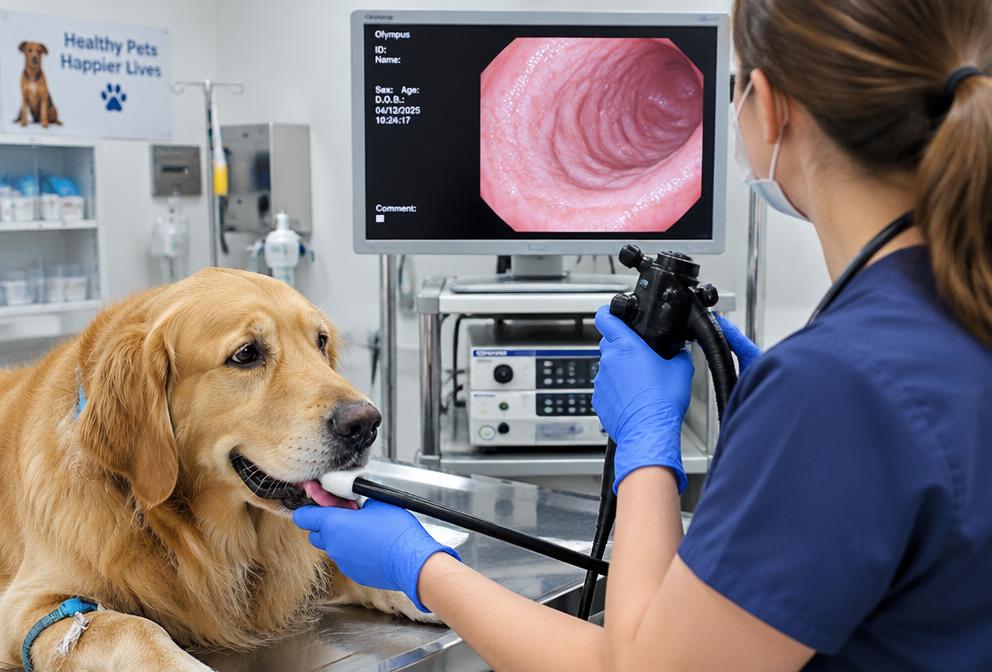Golden retriever undergoing endoscopy with the gastric view on a monitor