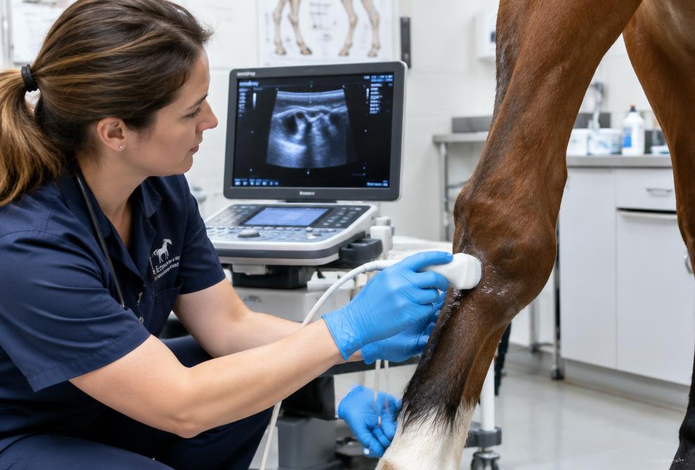 Veterinarian scanning a horse's fetlock with an ultrasound probe