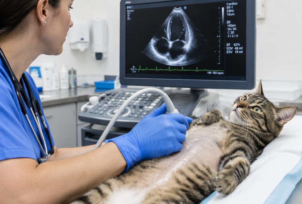 Tabby cat receiving a cardiac ultrasound with the echocardiogram on screen